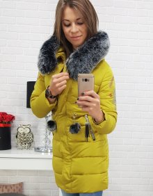 Dámská prošívaná zimní bunda prodloužená s kapucí a výšivkou žlutá - L