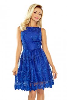 Společenské dámské šaty středně dlouhé krajkové modré - S