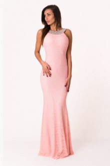 Dámské společenské šaty SOKY SOKA krajkové s kamínky dlouhé růžové - XL