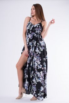 Dámské letní šaty bez rukávů s rozparkem s květinovým vzorem černé - M