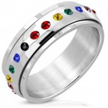 Lesklý ocelový prsten - otáčivý střed, zirkony v barvách duhy D5.10
