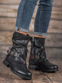 Pěkné  kotníčkové boty dámské černé na plochém podpatku
