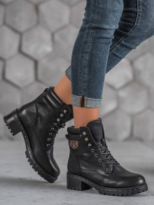 Designové  kotníčkové boty černé dámské na širokém podpatku