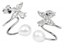 JwL Luxury Pearls Stříbrné záušnice s pravou bílou perlou a krystalovou kytičkou JL0332