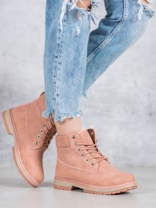 Designové růžové  kotníčkové boty dámské na plochém podpatku