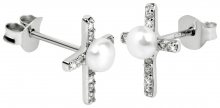 JwL Luxury Pearls Stříbrné náušnice Křížek s pravou perlou a zirkony JL0368