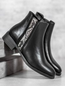 Moderní černé  kotníčkové boty dámské na plochém podpatku
