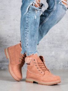 Stylové  kotníčkové boty růžové dámské na plochém podpatku