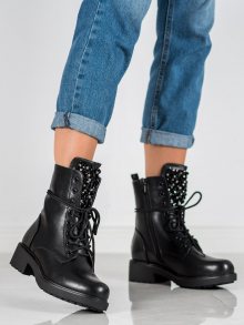 Jedinečné dámské černé  kotníčkové boty na plochém podpatku