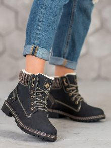 Klasické modré  kotníčkové boty dámské na plochém podpatku