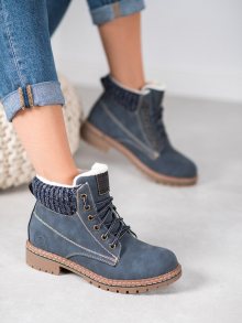 Komfortní modré dámské  kotníčkové boty na plochém podpatku