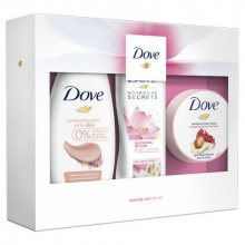 Dove Glowing Clay sprchový gel pro ženy 250 ml + Nourishing Secrets Glowing Ritual tělové mléko 250 ml + Pomegranate Seeds & Shea Butter Scent tělový peeling 225 ml dárková sada