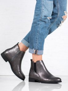 Luxusní dámské šedo-stříbrné  kotníčkové boty na plochém podpatku