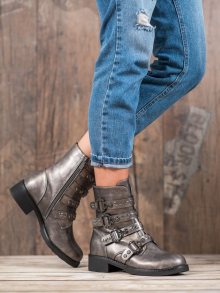 Jedinečné šedo-stříbrné  kotníčkové boty dámské na plochém podpatku