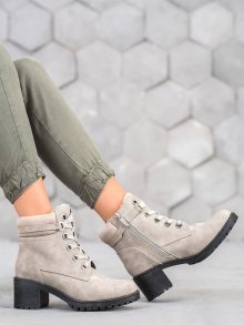 Exkluzívní  kotníčkové boty šedo-stříbrné dámské na širokém podpatku