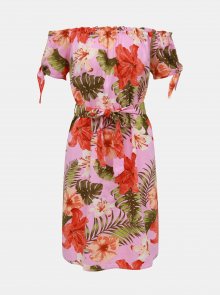 Růžové lněné květované šaty s odhalenými rameny VERO MODA Efie