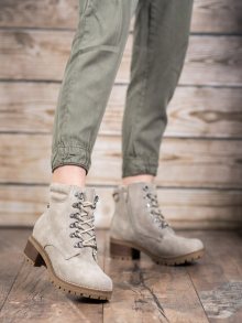 Designové hnědé  kotníčkové boty dámské na širokém podpatku