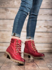 Jedinečné  kotníčkové boty červené dámské na širokém podpatku