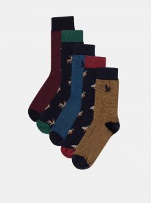 Sada pěti párů vzorovaných ponožek ve vínové, hnědé a modré barvě M&Co 