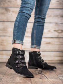 Designové dámské černé  kotníčkové boty na plochém podpatku