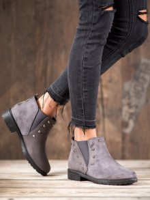 Pěkné  kotníčkové boty dámské šedo-stříbrné na plochém podpatku