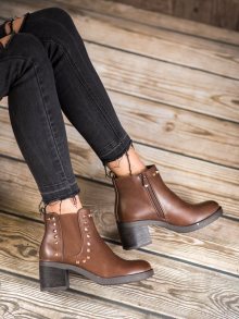 Exkluzívní dámské  kotníčkové boty hnědé na širokém podpatku