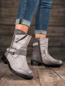 Stylové šedo-stříbrné dámské  kotníčkové boty na plochém podpatku