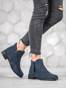 Luxusní  kotníčkové boty dámské modré na plochém podpatku