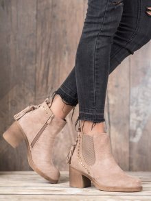 Luxusní dámské hnědé  kotníčkové boty na širokém podpatku