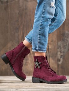 Trendy červené dámské  kotníčkové boty na plochém podpatku