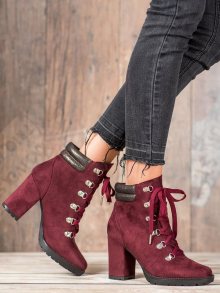 Trendy  kotníčkové boty dámské červené na širokém podpatku