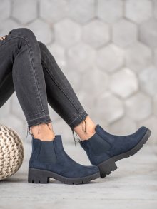Originální modré  kotníčkové boty dámské na širokém podpatku