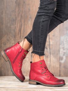 Pěkné dámské červené  kotníčkové boty na plochém podpatku