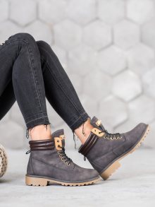Klasické dámské šedo-stříbrné  kotníčkové boty na plochém podpatku