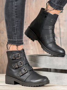 Stylové dámské černé  kotníčkové boty na plochém podpatku