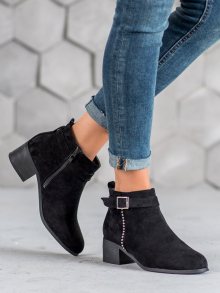 Praktické černé  kotníčkové boty dámské na širokém podpatku
