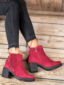 Luxusní  kotníčkové boty červené dámské na širokém podpatku