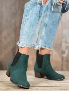 Zajímavé zelené  kotníčkové boty dámské na širokém podpatku