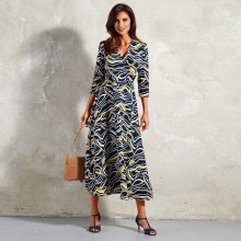 Blancheporte Dlouhé šaty, grafický design temně modrá/medová 38