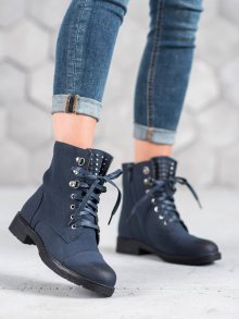 Moderní modré dámské  kotníčkové boty na plochém podpatku