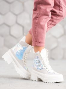 Luxusní  kotníčkové boty dámské bílé na širokém podpatku