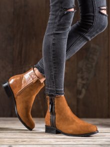 Originální dámské hnědé  kotníčkové boty na plochém podpatku