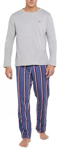 Tommy Hilfiger Pánské pyžamo Cn Ls Pant Jersey Stripe Set UM0UM01603-032 Grey Heather/Blue Indigo M