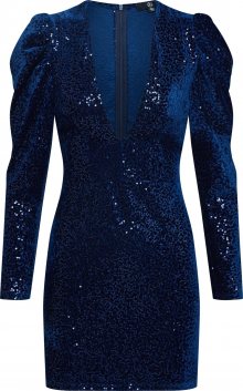 Missguided Koktejlové šaty \'Sequin Velvet Plunge Front Long Sleeve Mini\' námořnická modř