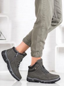 Trendy  trekingové boty dámské šedo-stříbrné na plochém podpatku