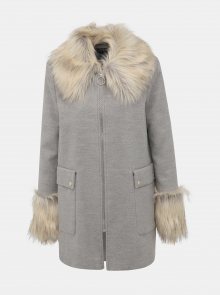 Šedý kabát s detaily z umělé kožešiny Miss Selfridge