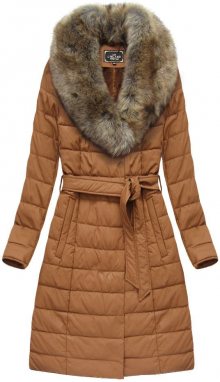 Karamelový dámský kabát z ekokůže (5528BIG) hnědá 50