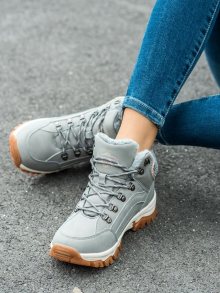Zajímavé  trekingové boty dámské šedo-stříbrné na plochém podpatku