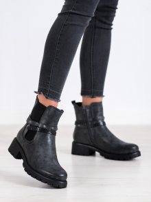 Stylové  kotníčkové boty dámské šedo-stříbrné na širokém podpatku