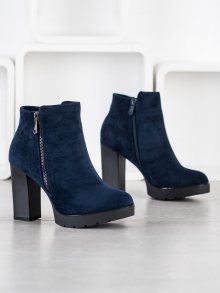 Zajímavé modré  kotníčkové boty dámské na širokém podpatku
